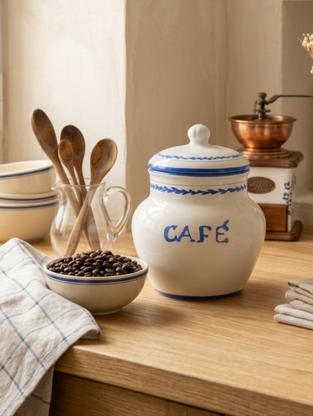 American Atelier French Bistro Café Jar Vintage Blue & White Stoneware Canister